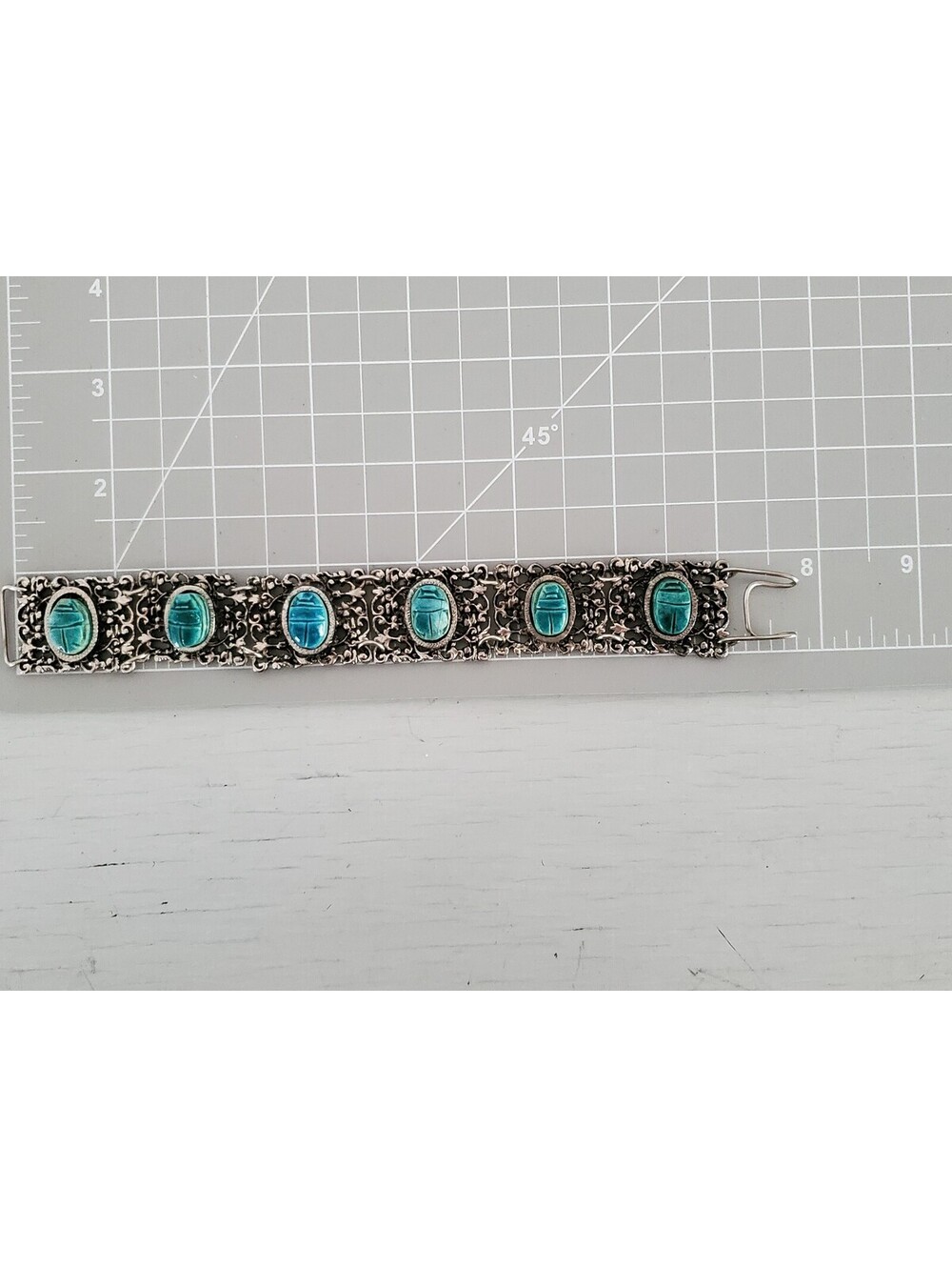 Vintage Egyptian Scarab Beetle and Silver Tone Panel Bracelet - Picture 6 of 6